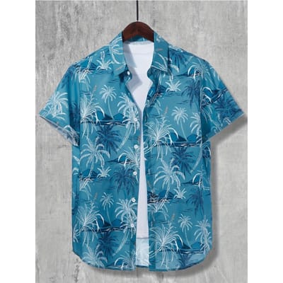 Hawaïhemd met kokospalmprint voor heren, casual overhemd met korte mouwen en knoopsluiting voor zomer, strandvakantie, resort, oversized kleding M blue