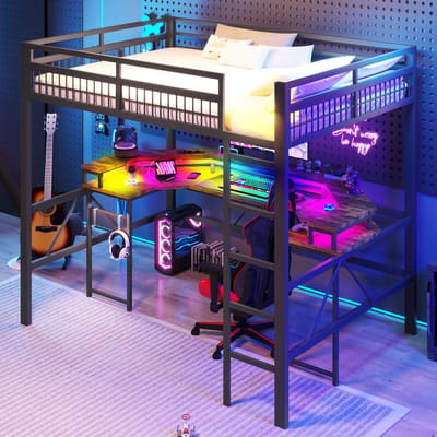 DESMIU Hoogslaper 140 x 200 cm Met LED Verlichting Ingebouwd Bureau Oplaadpunten En Pegboard Voor Studie En Werk Metalen Zwart Zonder Matras