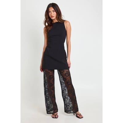 boohoo Dames Bengaline Longline Jumpsuit Met Kanten Wijde Pijpen | Black | Maat: 8