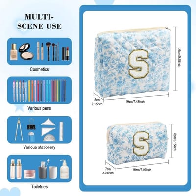 Set van 2 Make-up Tassen met Initialen, Gequilt Bloemmotief, Perfect voor Reizen, Bruidsmeisjes, Cadeau en Dagelijks Gebruik, Inclusief Klein Penseel Etui