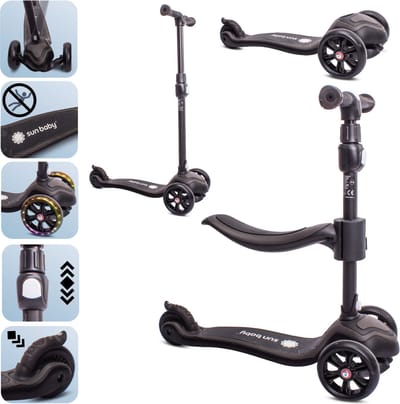 Sun Baby Scooter voor kinderen met Lichtgevende Wielen van 3 jaar, Kinderstep, Driewieler, Verstelbare Hoogtes, Children's Scooter (Zwart)
