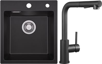 SOFETIY MAX Spoelbak Keuken Zwart 40x45CM - Graniet Spoelbakken Zwart - Enkele Spoelbak Met Keukenkraan met Uittrekbare Uitloop - Spoelbakken Incl. Sifon en Afvoerzeefje