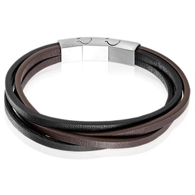 Mendes Heren armband Leer Edelstaal Verstelbaar Bruin Zwart Zilverkleurig
