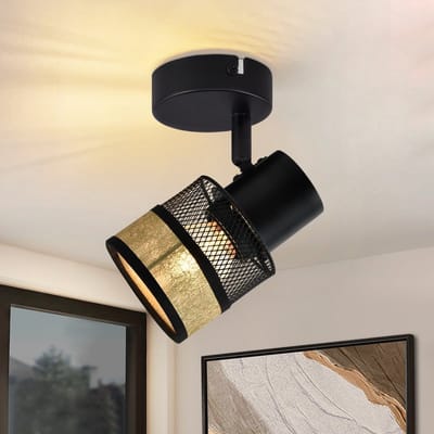 NETTLIFE Opbouwspot stof - E27 Fitting - zwart - Vintage Plafondlamp - draaibar 330° Plafondspot - Metaal - met gouden stoffen Lampkap - voor Woonkamer | Slaapkamer | Keuken | Gang - MAX.40W-excl. lichtbron