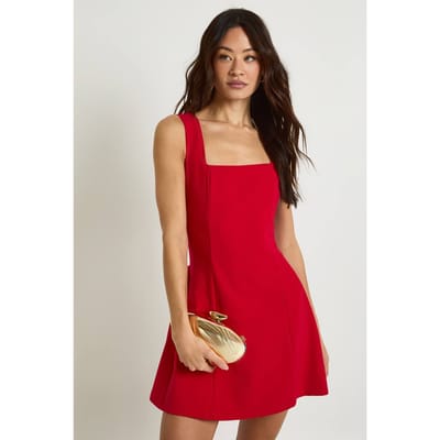 boohoo Dames Lange mini-jurk met vierkante halslijn en volledige rok | Red | Maat: 6