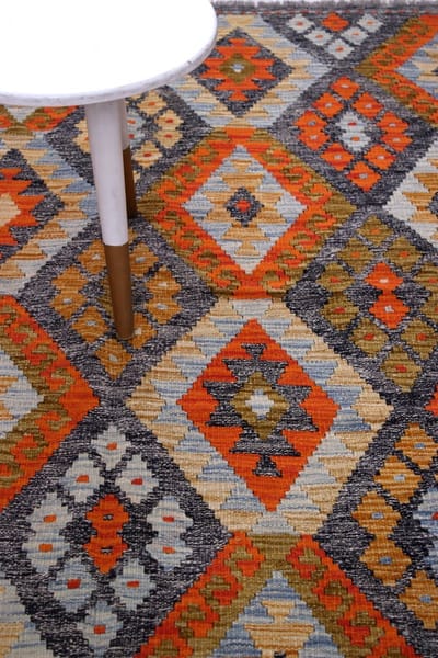 Kleurrijk Tapijt Laagpolig Handgeweven Wollen Vloerkleed - Koho Afghan Kelim 190x159 - 190x159cm- Modern - Woonkamer - Salon - Slaapkamer - Eetkamer