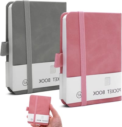 Notitieboekje A7 met Elastische Sluiting en Penhouder - Mini Dagboek met 200 Pagina's voor School en Werk (Roze + Grijs)