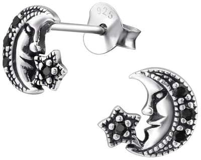 Joy|S - Zilveren maan met ster oorbellen - 8 x 7 mm - zirkonia zwart - geoxideerd