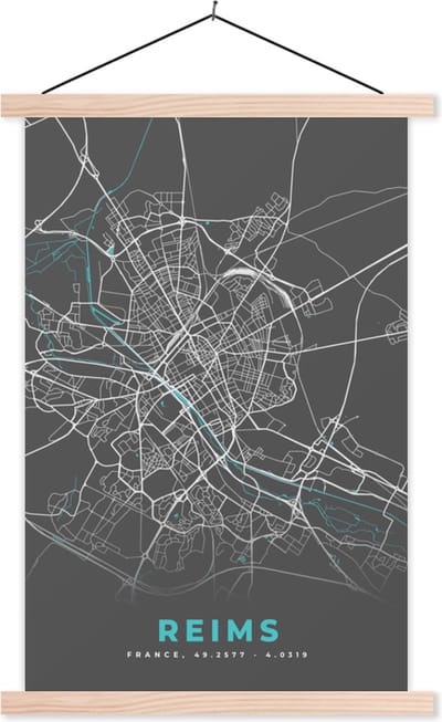 Posterhanger incl. Poster 40x60 cm - Schoolplaat - Frankrijk - Kaart - Stadskaart - Reims - Plattegrond - Textielposter - Blanke latten - Stadskaart