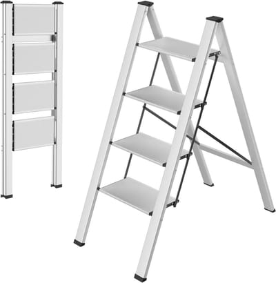 Trapladder - Keukentrap - Huishoudtrap - 4-treden - Voor Thuisgebruik en Klussen - Opvouwbaar, Aluminium met Antislipvoeten - Lichtgewicht en Draagbaar, Max. 150 kg