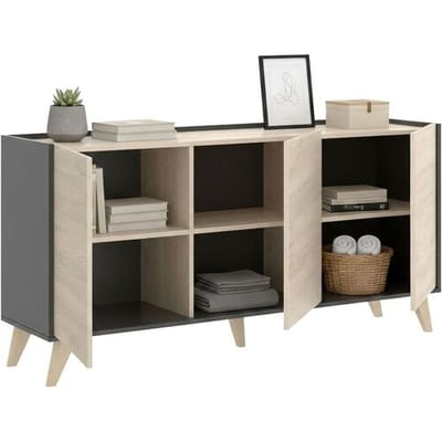 Dmora Dadop dressoir, Woonkamerbuffet, Modern woonkamerdressoir met 3 deuren, 155x43h75 cm, Eiken en Antraciet