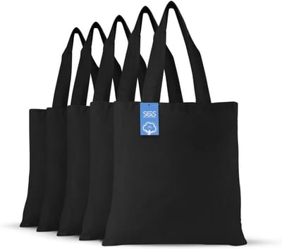 Set van 5 Zwarte Herbruikbare Katoenen Boodschappentassen - Stevige Tote Bag met Handvat