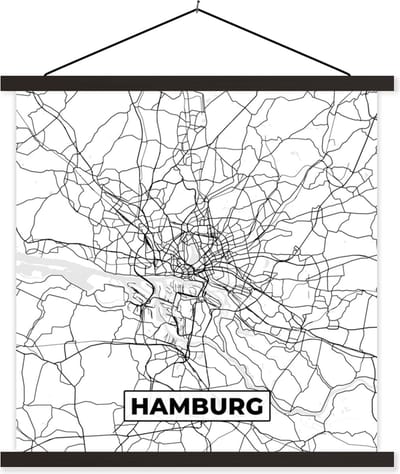 Posterhanger incl. Poster 60x60 cm - Schoolplaat - Plattegrond - Hamburg - Kaart - Stadskaart - Textielposter - Zwarte latten - Stadskaart