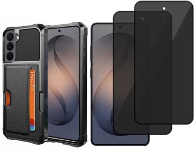 Pasjes Houder Hoesje & 2x Privacy Screenprotector geschikt voor Samsung Galaxy S26 Hoesje Screenprotector - Gehard Glas Cover Privé + Heavy Duty Case - Magnetisch Portemonnee Hoesje Cover - Zwart