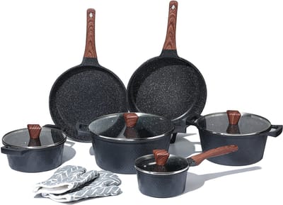 Royal Swiss® – Pannenset Inductie 12-delig – Aluminium PFAS Vrij – Kookpotten,Koekenpannen,Glazen Deksels & Handschoenen – Zwarte