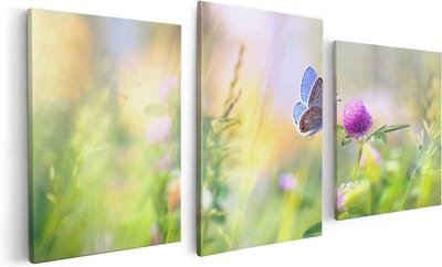 Artaza Canvas Schilderij Drieluik Blauwe Vlinder Bij Een Paarse Bloem - 120x60 cm - Wanddecoratie Woonkamer - Schilderijen - Muurdecoratie