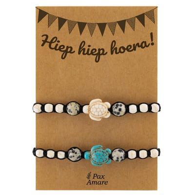 Vriendschapsarmbandjes voor 2 "Hiep Hiep Hoera" - Gekleurde Schildpadjes - BFF Armbandjes met Persoonlijk Cadeau Kaartje - Blauw & Wit - Elastisch Verstelbaar - Pax Amare