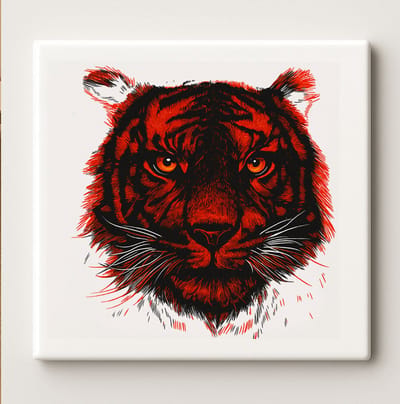 Rode Tijger Kop Art Tegel – 15x15cm Keramische Wanddecoratie, Krachtige Wildlife Dier Illustratie Huisdecoratie