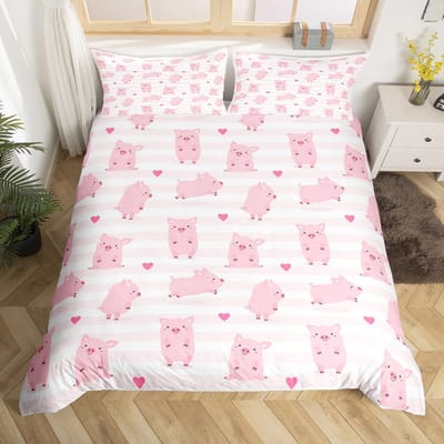 Roze Varken Beddengoed Set King Queen Slapend Varken Dekbedovertrek Voor Kinderen Jongens Meisjes Kawaii Dieren Dekbedovertrek Met 2 Kussenslopen EU single(135x200cm)