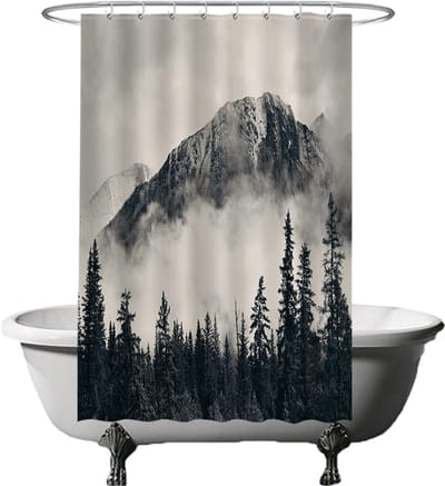Ulticool Douchegordijn - Bergen Natuur Mistig Bos - 120 x 180 cm - met 8 ringen - Anti Schimmel - Waterdicht & Wasbaar - Semi Transparant - Zwart Wit