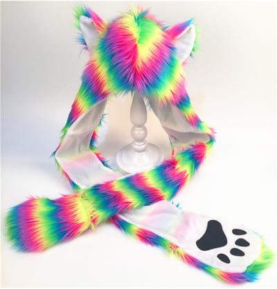 KIMU® Hood Neon Regenboog Wolf - Gestreepte Beer Muts Met Sjaal, Wanten en Oortjes - Gestreept Fluor Uv Rainbow Gekleurd Bontmuts Flappen Bont Capuchonmuts Spirit - Festival