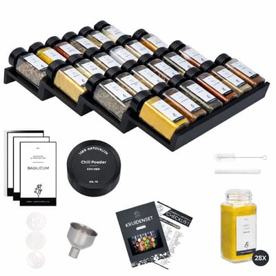 Organess Kruidenrek met 28 Kruidenpotjes - Kruidenrek Lade - Kruiden Organizer - Keukenlade organiser- Complete Set - 4 Stuks - Zwart