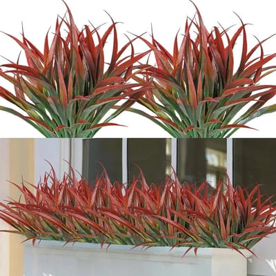 6PCS Kunstplanten Gras 16 inch Rood Nepplant voor Binnen en Buiten UV-bestendig Groene Stelen Faux Struiken voor Tuin en Balkon Decoratie