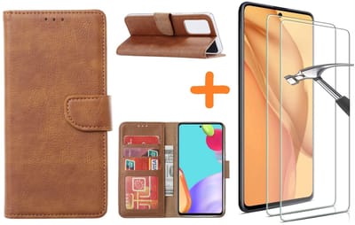 Hoesje Geschikt Voor Samsung Galaxy A52 hoesje bookcase Bruin - Hoesje Geschikt Voor Samsung Galaxy A52 5G hoesje wallet cover met Pasjeshouder - 2x Hoesje Geschikt Voor Samsung Galaxy A52 screenprotector