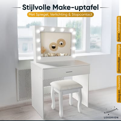 Elegante Witte Make-up Tafel met LED Verlichting - Kaptafel, Eenvoudige Montage, Verstelbare Verlichting en Ruime Opbergruimte!