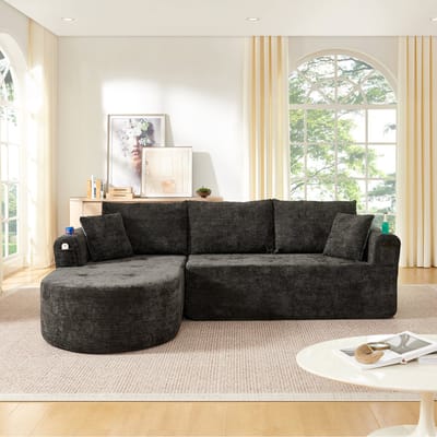 MIVRAY Hoekbank L-Vorm - Modulaire Cloud Sofa Met Bekerhouder En Opbergvakken - Voor Woonkamer - Stoffen Bekleding Zwart