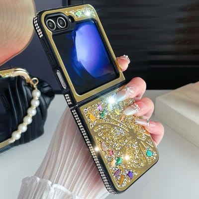 Glitter Diamant Vlinder Luxe Hoesje Voor Samsung Galaxy Z Flip 6 5 4 3 ZFlip 6 Artistiek Creatief Blingbling Kleurrijk Hoesje For Galaxy ZFlip3 5G blue