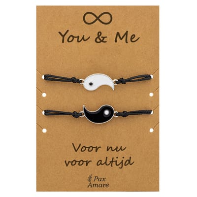 Vriendschapsarmbandjes voor 2 " You & Me ∞" - Yin Yang - BFF Armbandjes met Persoonlijk Cadeau Kaartje - Zilverkleurig - Elastisch Verstelbaar - Pax Amare