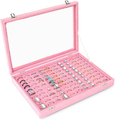 Ring Organiser Tray met 100 Slots - Velvet Ring Storage Box voor Sieraden, Ring Display Case en Ringhouder met Duidelijk Deksel (Roze)