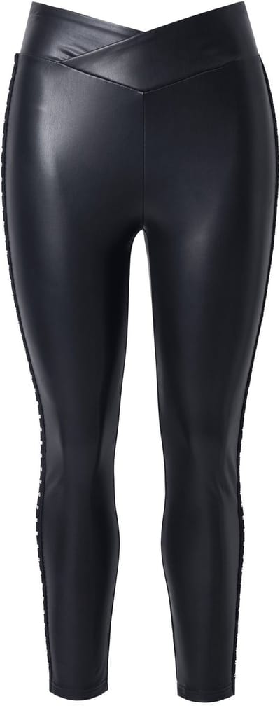 MIAMODA - Dames - Legging skinny fit leerlook siersteentjes - Zwart - Maat 48