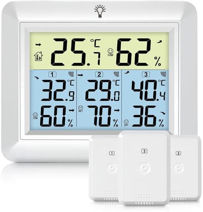 Weerstation Draasloos Binnen/Buiten - Draadloze Thermometer - Wit - Met 3 Buitensensoren - Groot LCD Scherm - Voor Binnen en Buiten