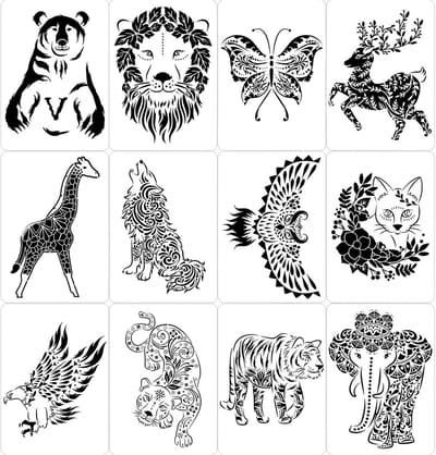 12 Dieren Sjablonen A4 Formaat - Creatieve Herbruikbare Sjablonen voor Schilderen op Hout, Stof en Muurdecoratie