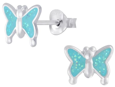 Joy|S - Zilveren vlinder oorbellen - glitter blauw