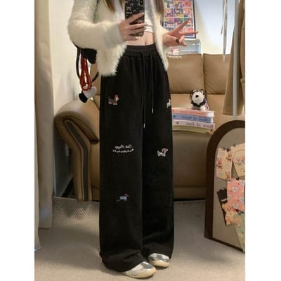 Driedimensionale Taille Plus Fluweel Verdikte Geborduurde Casual Broek voor Dames Winter Sport Joggingbroek Hoge Taille Broek XL black