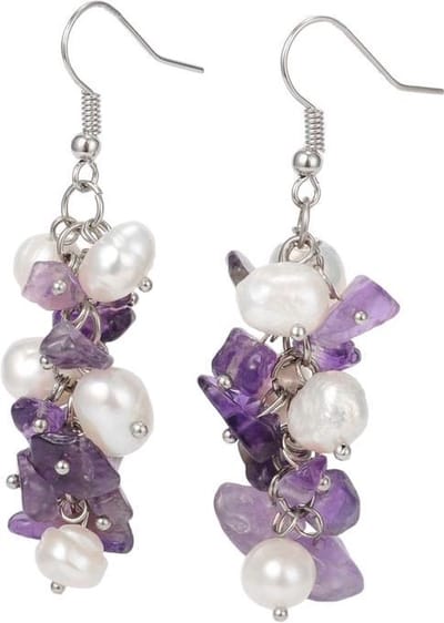 Zoetwater parel en edelstenen oorbellen Pearl Amethyst Chip - oorhangers - echte parels - sterling zilver (925) - amethist - wit - paars - luxe sieraden zakje - parel oorbellen dames - witte oorbellen - paarse oorbellen