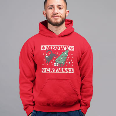Foute Kerst Hoodie - Kleur Rood - Meowy Catmas - Maat XS - Uniseks Pasvorm - Kerstkleding voor Dames & Heren