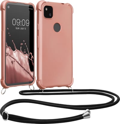 kwmobile Telefoonhoes geschikt voor Google Pixel 4a hoesje - Zacht TPU Metallic hoesje met telefoonketting - metallic roségoud