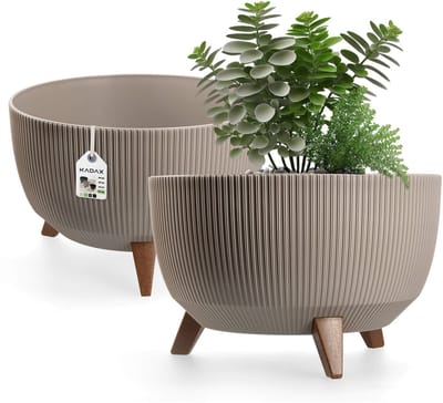 Kadax Bloempot, van kunststof, met drie insteeksteunen, rond, bloemenschaal, plantenbak, bloembak, voor balkon, woonkamer, 40 cm diameter, taupe