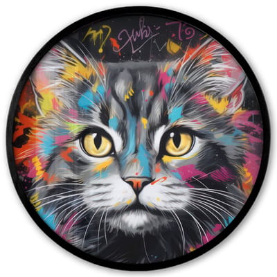 Poster in lijst Rond - Fotolijst 40x40 cm - Posters - Kat - Graffiti - Dieren - Kleuren - Grijs - Ronde posterlijst zwart - Decoratie - Wanddecoratie woonkamer - Muurdecoratie slaapkamer
