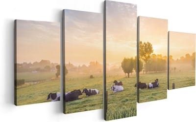 Artaza Canvas Schilderij Vijfluik Koeien In De Wei Tijdens Zonsopgang - 100x50 - Foto Op Canvas - Canvas Print