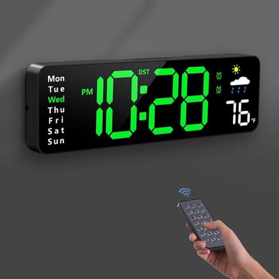 Grote digitale klok met afstandsbediening, speciaal ontworpen voor senioren, geschikt voor woonkamers, slaapkamers, klaslokalen en kantoren (groen).
