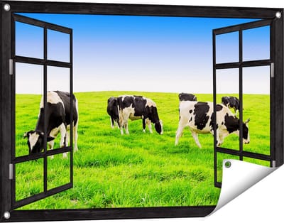 Gards Tuinposter Doorkijk Kudde Koeien in de Wei - Hemel Blauwe Lucht - 90x60 cm - Tuindoek - Tuindecoratie - Wanddecoratie buiten - Tuinschilderij