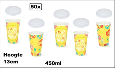 50x Milkshake beker Relax geel 450ml + 50x deksel - Karton - Drinken beker thema feest festival evenement fun diner milkshakebeker