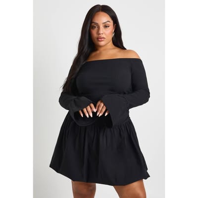 boohoo Dames Plus Pofbal Uitlopende Mouw Bardot Mini Jurk | Zwart | Maat: 52