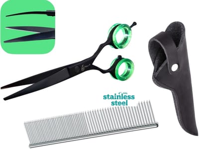 Professionele Hondenschaar – Ergonomische Kromme Trimschaar met Luxe Lederen Etui – 16,5 cm – Zwart + Anti-Klit Kam – Pijnloos & Huisdiervriendelijk