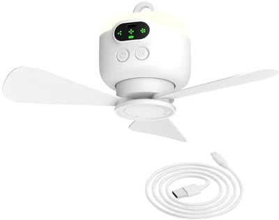 Draagbare kampeerventilator, plafondventilator voor tenten, oplaadbaar 8000 mAh met licht en haak, tijdgestuurd en automatisch uitschakelend, afneembaar ventilatorblad, te gebruiken voor tentluifels, campers, prieelen, strand, slaapzaal, slaapkamer